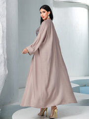 15169 Light Brown Abaya Set! Solid Outer Layer with Tie-Dye Inner Dress, Showcasing Sophisticated Minimalism
