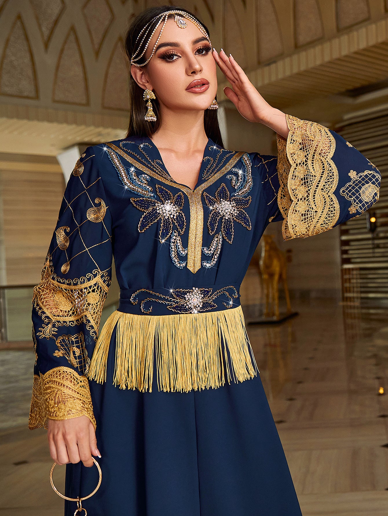 4146 Middle Eastern Style Navy Blue Gold Bead Embroidery Lace Tassel Decorated Long Sleeve Maxi Dress - Elegant Abaya Gown