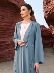 4015 Middle Eastern Style Light Blue Beaded Embellished Open Front Maxi Dress - Elegant Long Abaya Outerwear