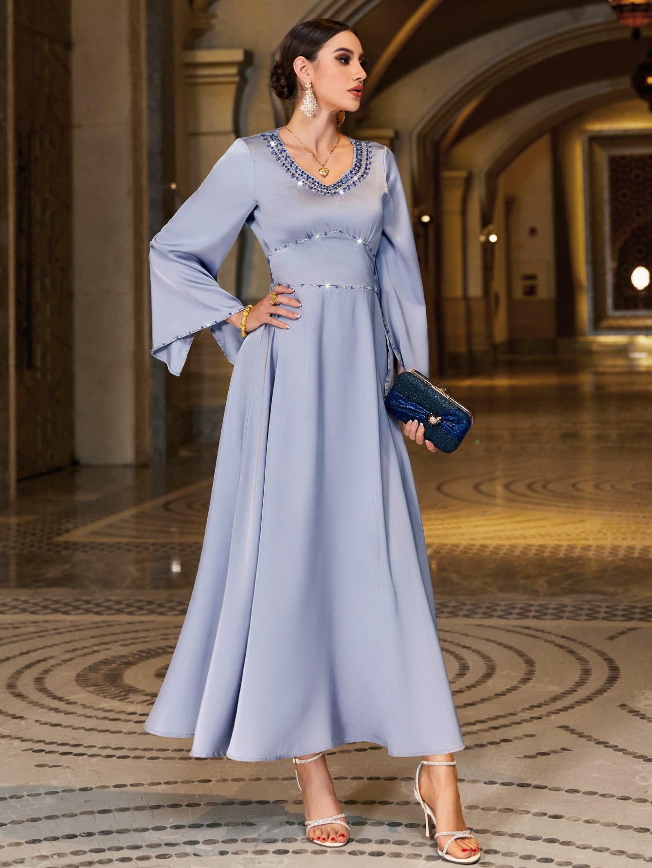 4063 Middle Eastern Style Light Blue Sequin-Embellished Flared Sleeve Maxi Dress - Elegant Sparkling Long Gown