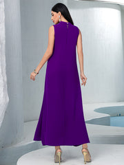 5142Two-Piece Purple & Blue Embroidered Dress Set | Floral Overlay Top with Beaded V-Neck & Slimming Belt