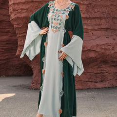 4119 Middle Eastern Style Green Light Green Colorblock Leaf Embroidered Belted Loose Sleeve Maxi Dress - Elegant Boho Decorated Gown