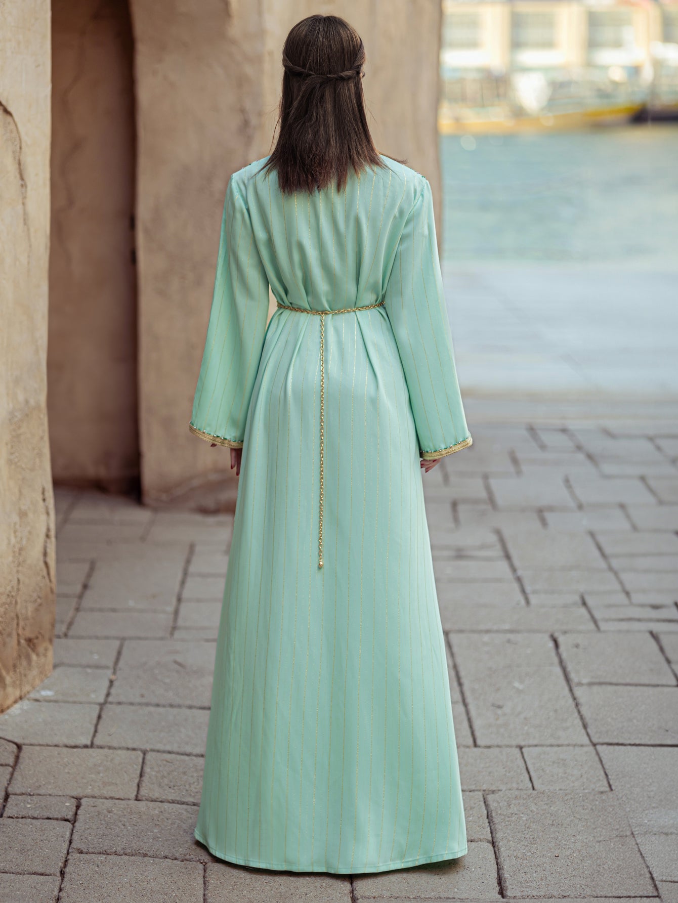 4138 Middle Eastern Style Light Green Gold Rhinestone Bead Embellished Belted Long Sleeve Maxi Dress - Elegant Decorated Gown