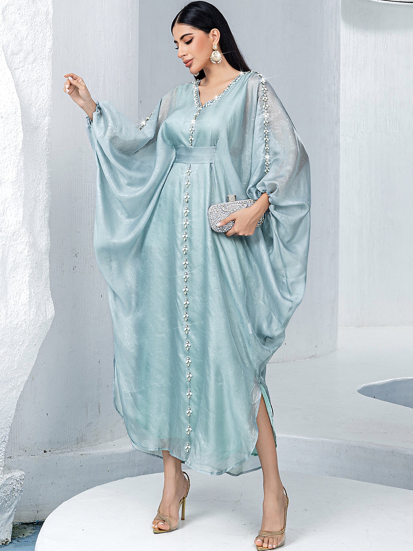 15168 Middle Eastern Style Light Green Bead Embellished Loose Sleeves Belted Maxi Dress - Elegant Decorated Abaya Gown