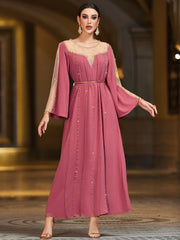 4045 Middle Eastern Style Pink Mesh-Trimmed Gold Sequin Flared Sleeve Maxi Dress - Elegant Sparkling Long Gown