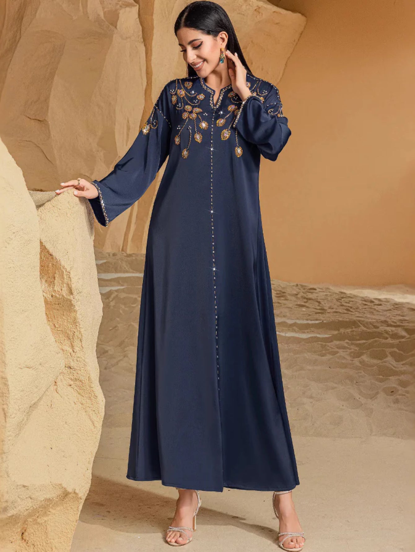 BA4115 navy blue heavy industry saudi arabaya hand-sewn diamond dress dress party dress
