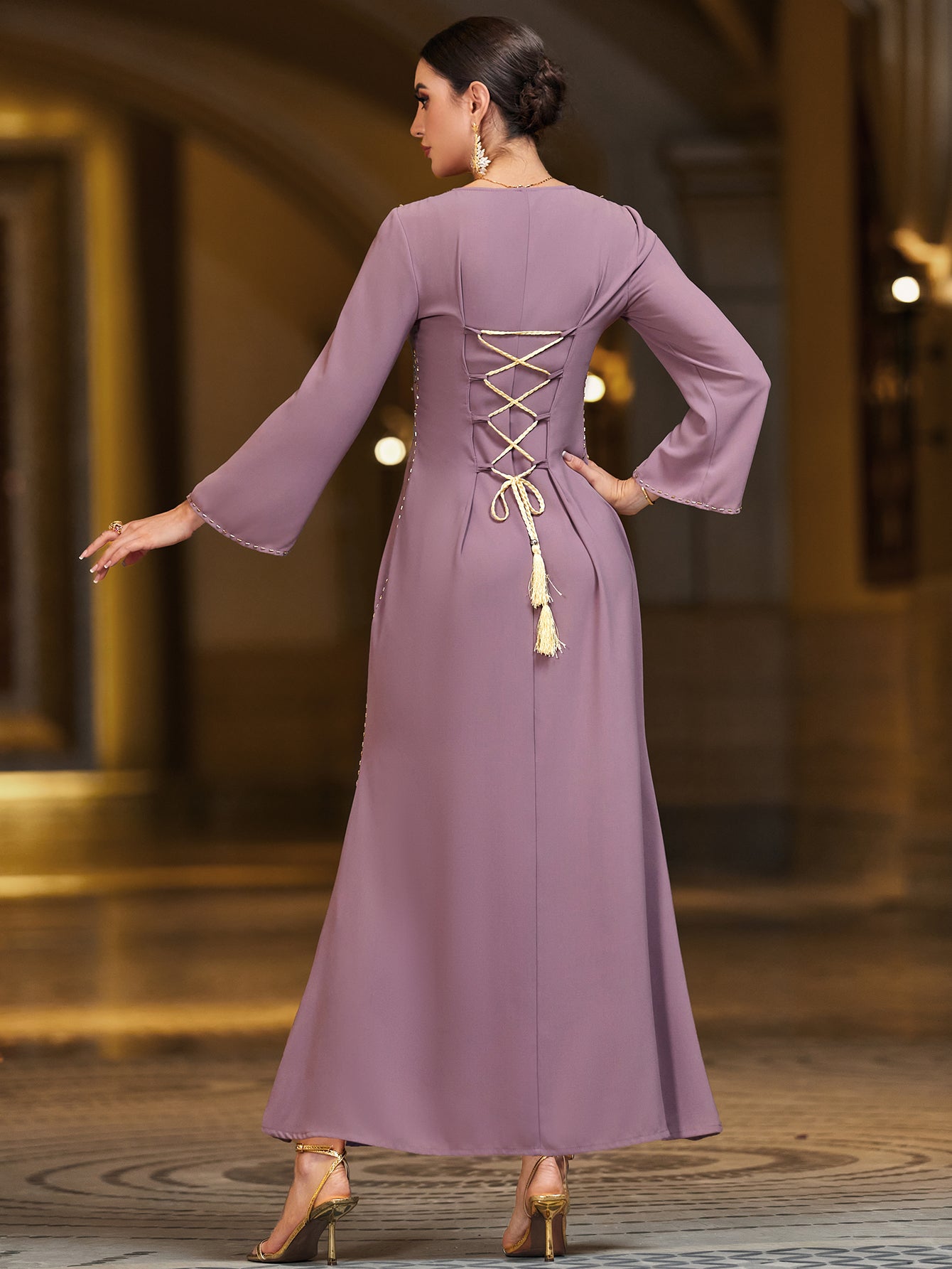 4089 Middle Eastern Style Purple Gold Embroidered Sequin Long Sleeve Maxi Dress - Elegant Sparkling Decorated Gown