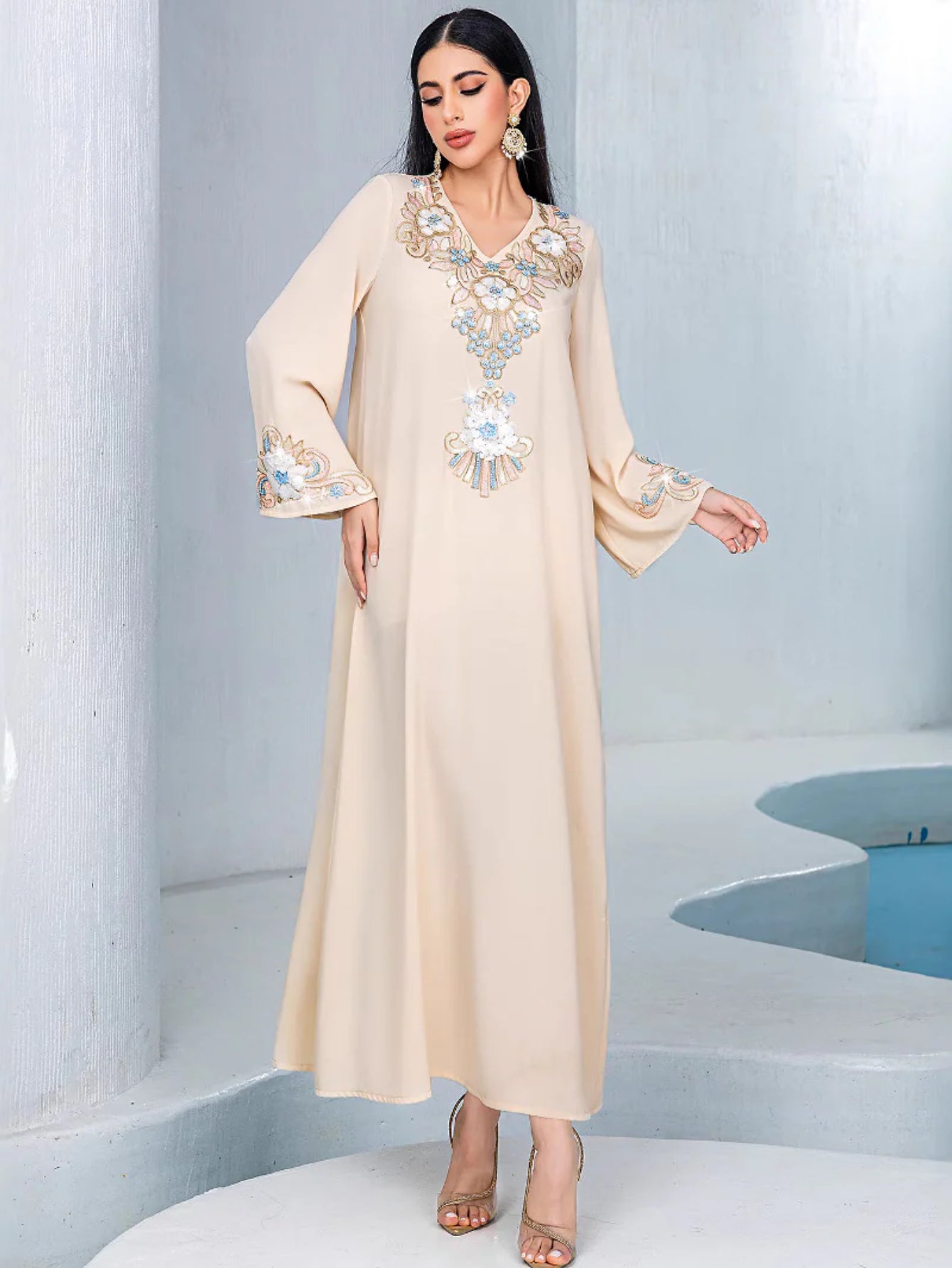 BA4120 apricot loose casual three-dimensional flower embroidered MUSILIN robe fashion dress