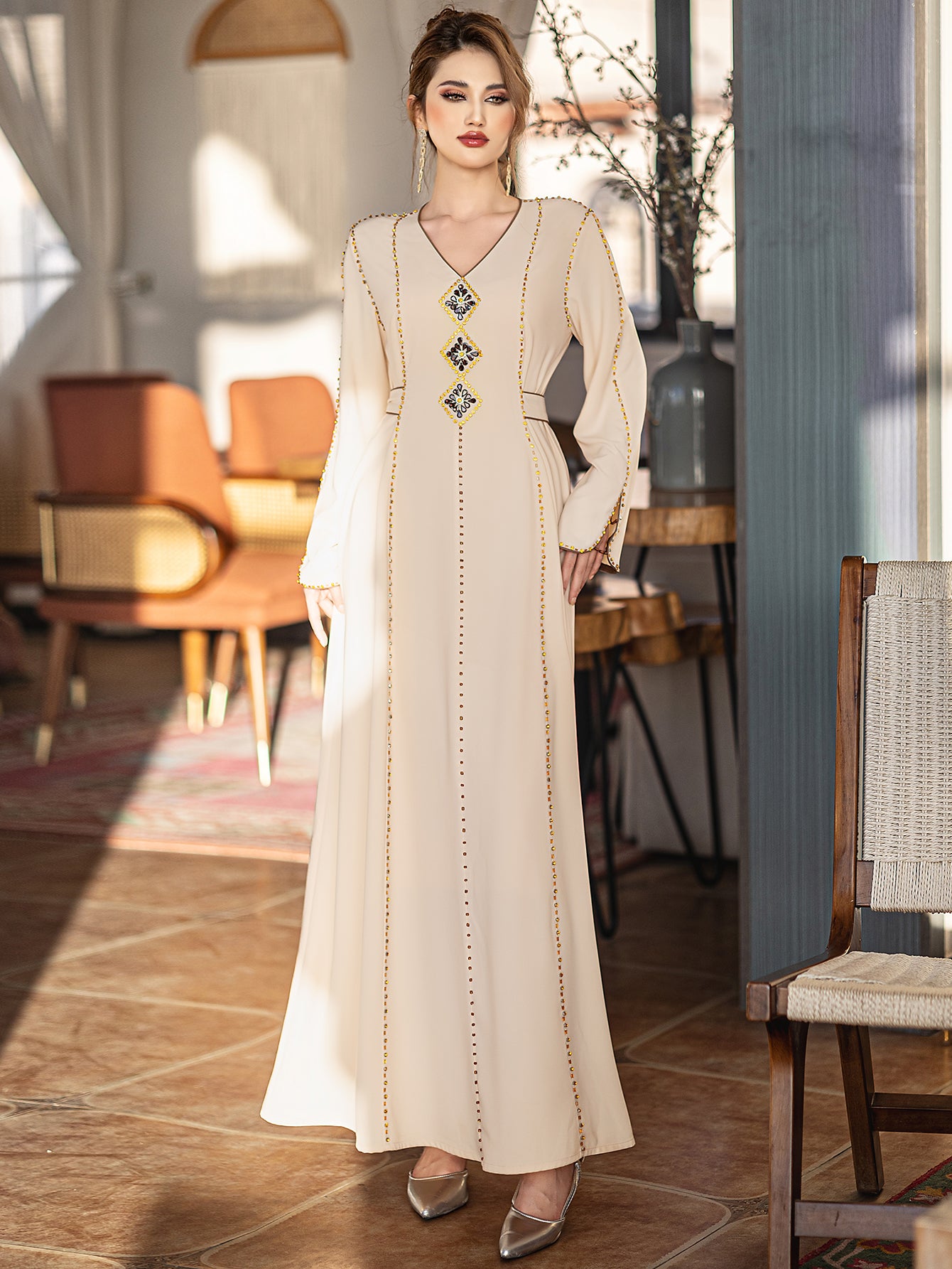 5206Beige Arabic Abaya Dress | V-Neck Gold Beaded Gown with Geometric Embroidery & Bell Sleeves