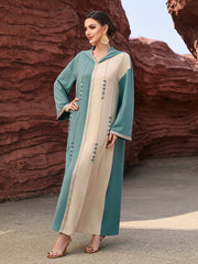 4012 Middle Eastern Style Color-Block Hooded Maxi Dress - Turquoise Beige Embellished Long Gown