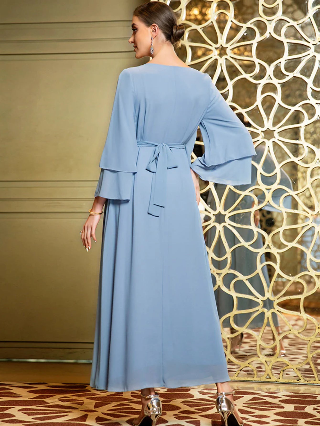 BA3047 Cross-border Middle East fashion hand-sewn diamond asymmetrical double-layer chiffon dress