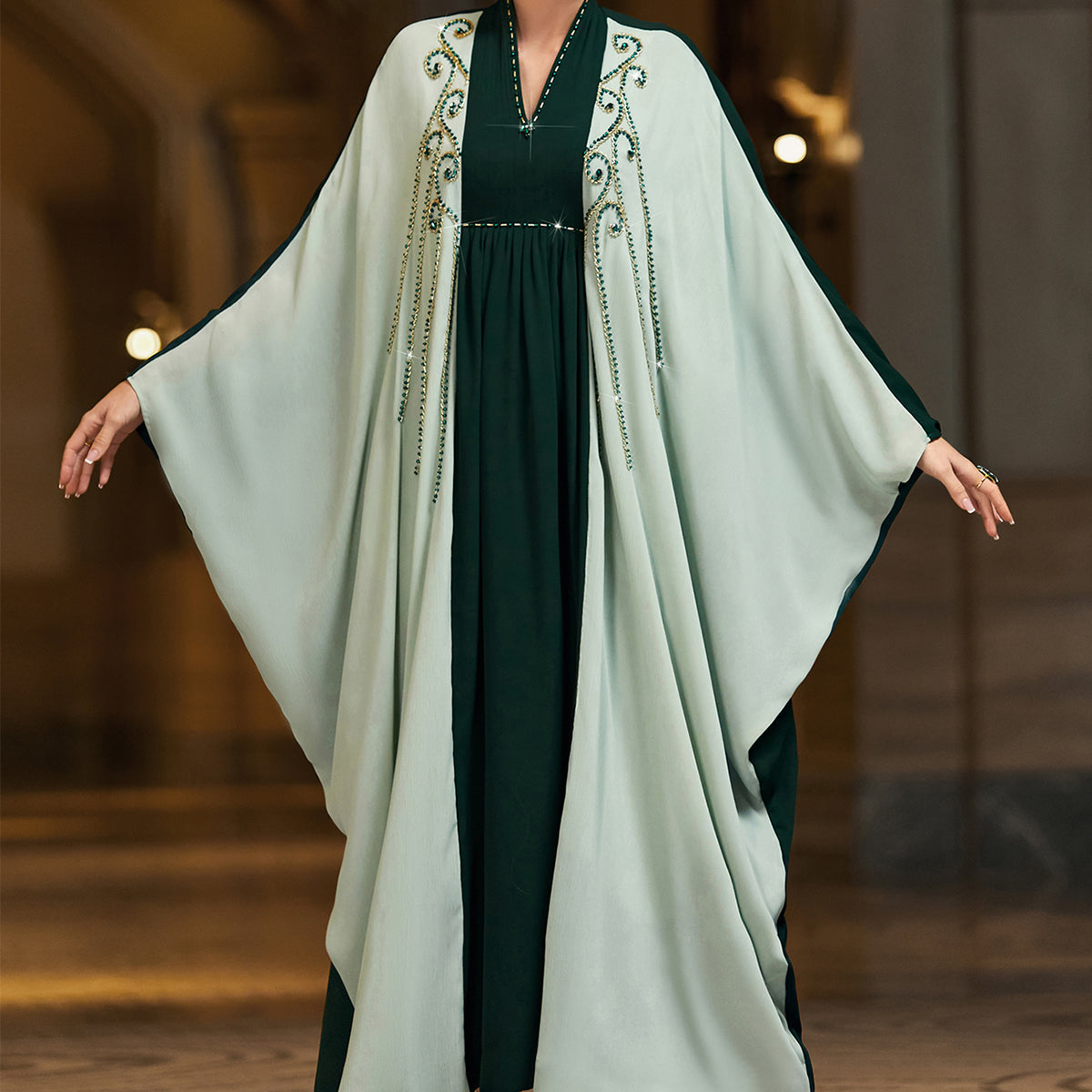 4027 Middle Eastern Style Green Contrast Embellished Maxi Dress - Elegant Flowing Cape Sleeve Gown