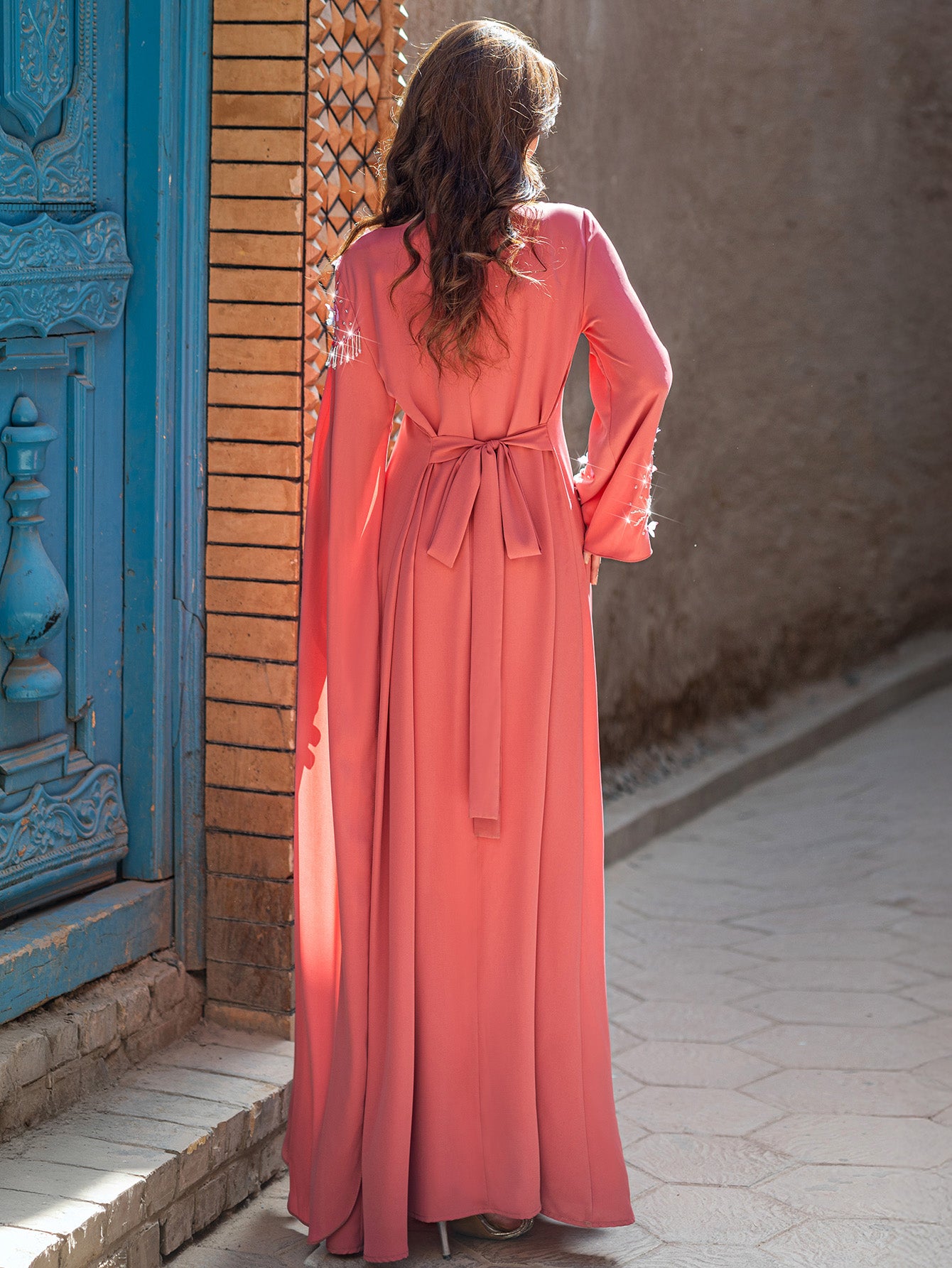 15179 Glamorous Coral Red Abaya Dress – Tassel Beadwork & Waist-Tie Design, Perfect for Festive Events & Grand Occasions