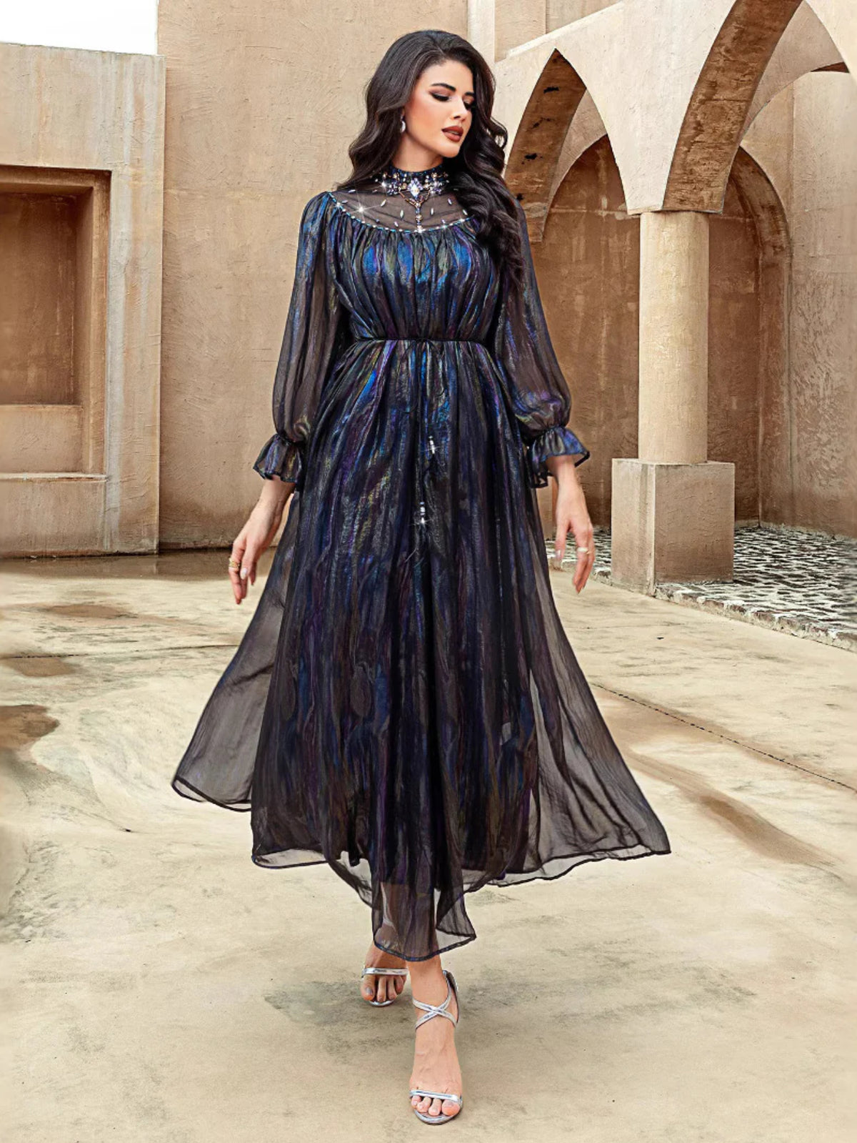 Black Iridescent High-Neck Swing Dress