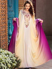 5208Arabic Ombre Abaya Dress | Gold Embroidery V-Neck Gown for Evening Events