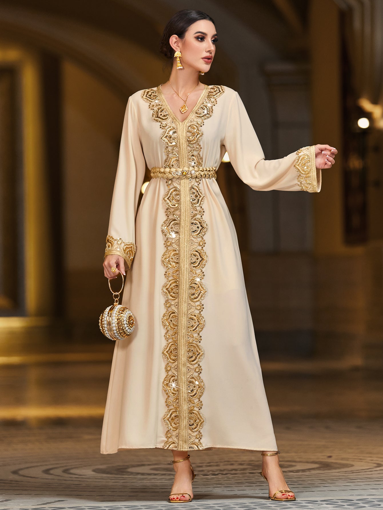 4093 Middle Eastern Style Beige Gold Embroidered Long Sleeve Belted Maxi Dress - Elegant Ornate Decorated Gown