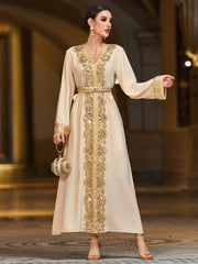 4093 Middle Eastern Style Beige Gold Embroidered Long Sleeve Belted Maxi Dress - Elegant Ornate Decorated Gown