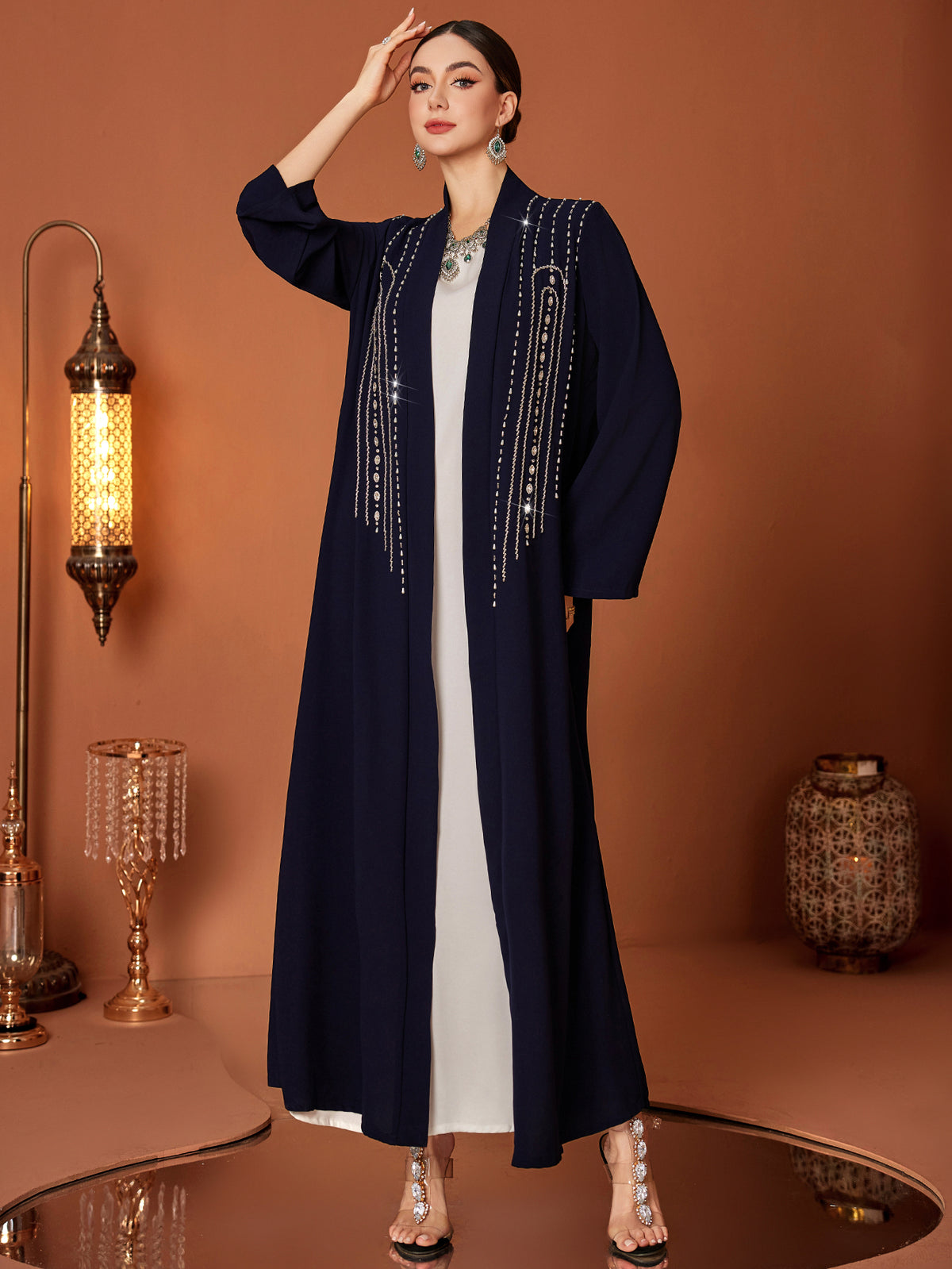 Dark Blue Beaded Longline Open Abaya