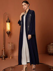 Dark Blue Beaded Longline Open Abaya