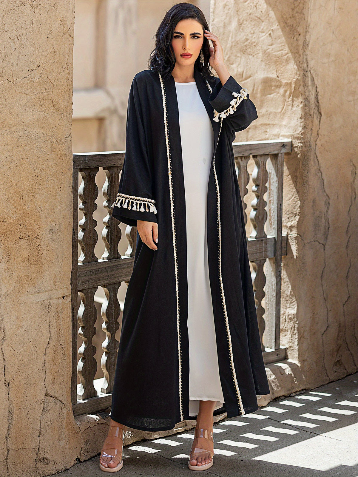 5062 Ya black Ramadan loose robe beaded with tassels embellished with a single piece