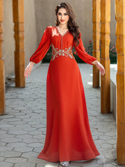 Tangerine Embroidered Puff-Sleeve Maxi Dress