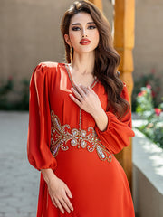 Tangerine Embroidered Puff-Sleeve Maxi Dress