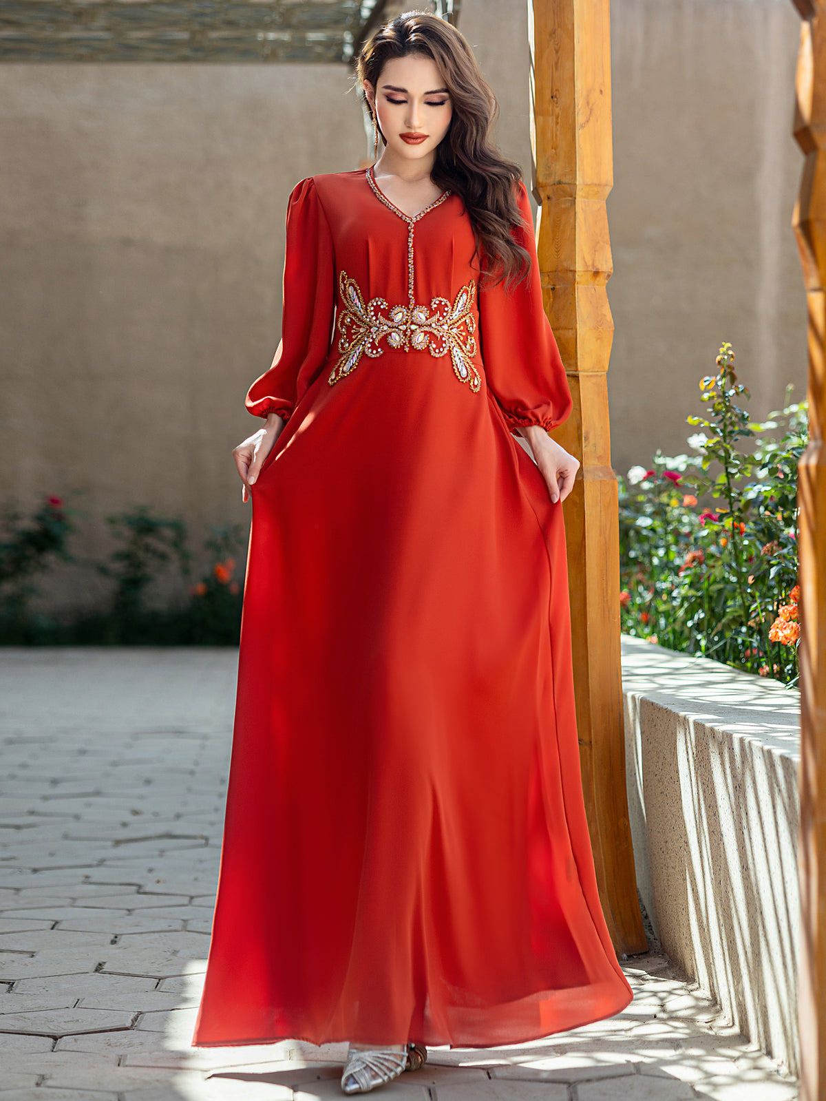 Tangerine Embroidered Puff-Sleeve Maxi Dress