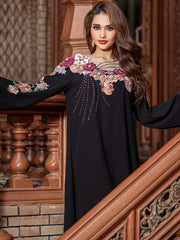 Black Floral-Appliqué Beaded Dress