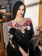 Black Floral-Appliqué Beaded Dress