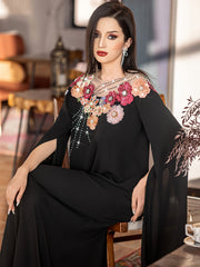 Black Floral-Appliqué Beaded Dress