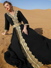 7013 Black Embroidered Lace Elegant Retro Explosive Dress, Vacation Gorgeous Middle Eastern Women's Clothing