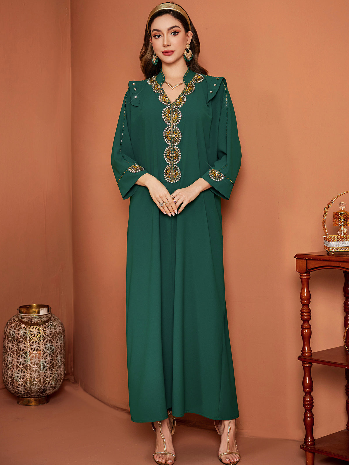 Emerald Green Gold-Beaded V-Neck Dress