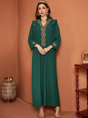 Emerald Green Gold-Beaded V-Neck Dress