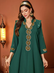 Emerald Green Gold-Beaded V-Neck Dress