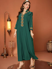 Emerald Green Gold-Beaded V-Neck Dress