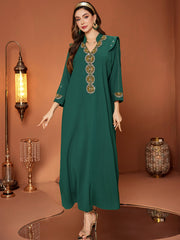Emerald Green Gold-Beaded V-Neck Dress