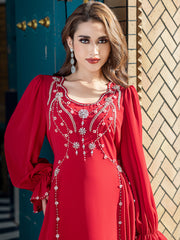 Embroidered V-Neck Flared-Sleeve Gown