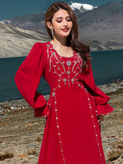 Embroidered V-Neck Flared-Sleeve Gown