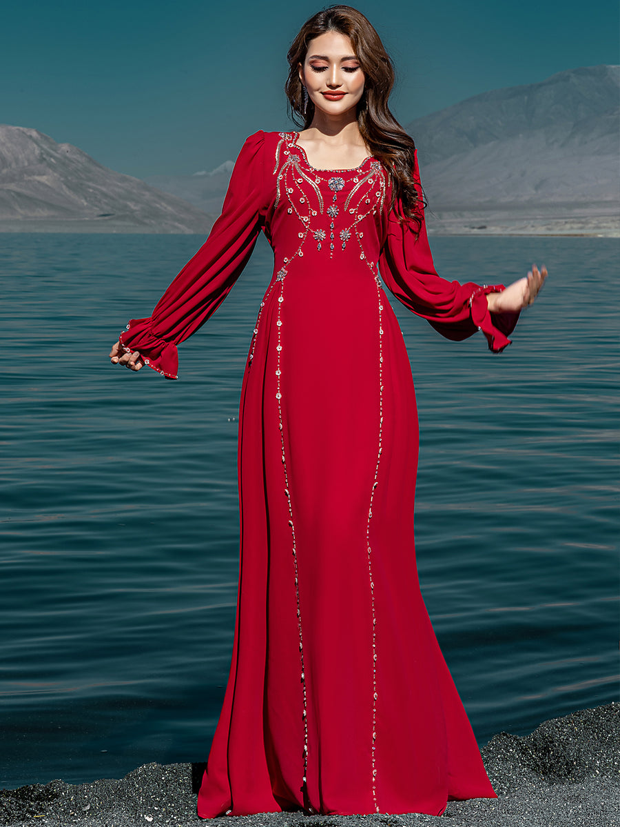 Embroidered V-Neck Flared-Sleeve Gown