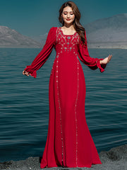 Embroidered V-Neck Flared-Sleeve Gown