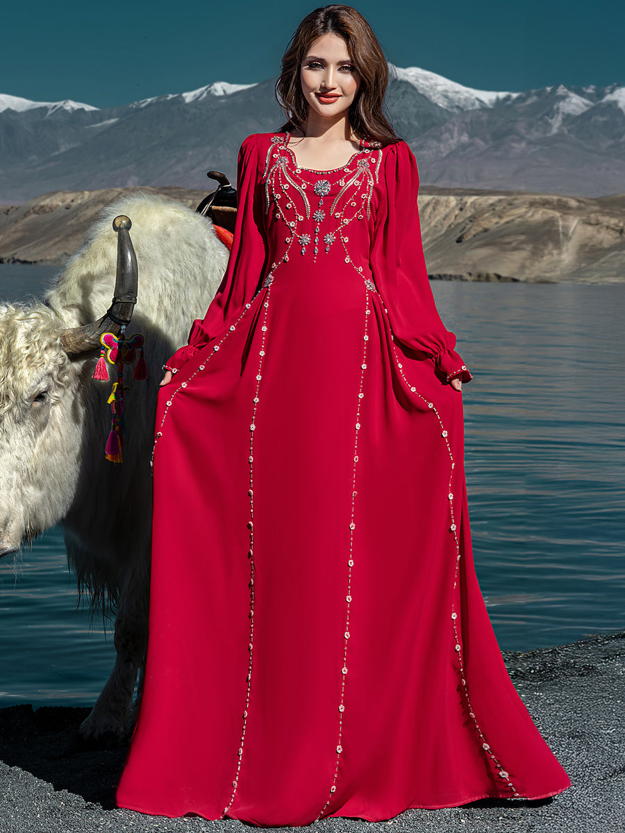 Embroidered V-Neck Flared-Sleeve Gown
