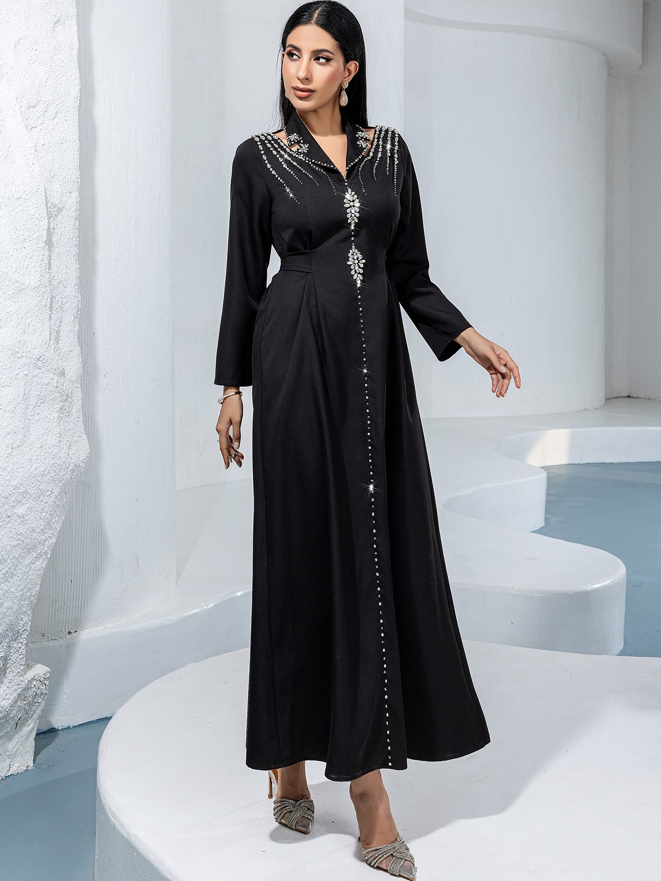 Black Silver-Beaded V-Neck Maxi Dress - full-length view showing the long sleeves and skirt