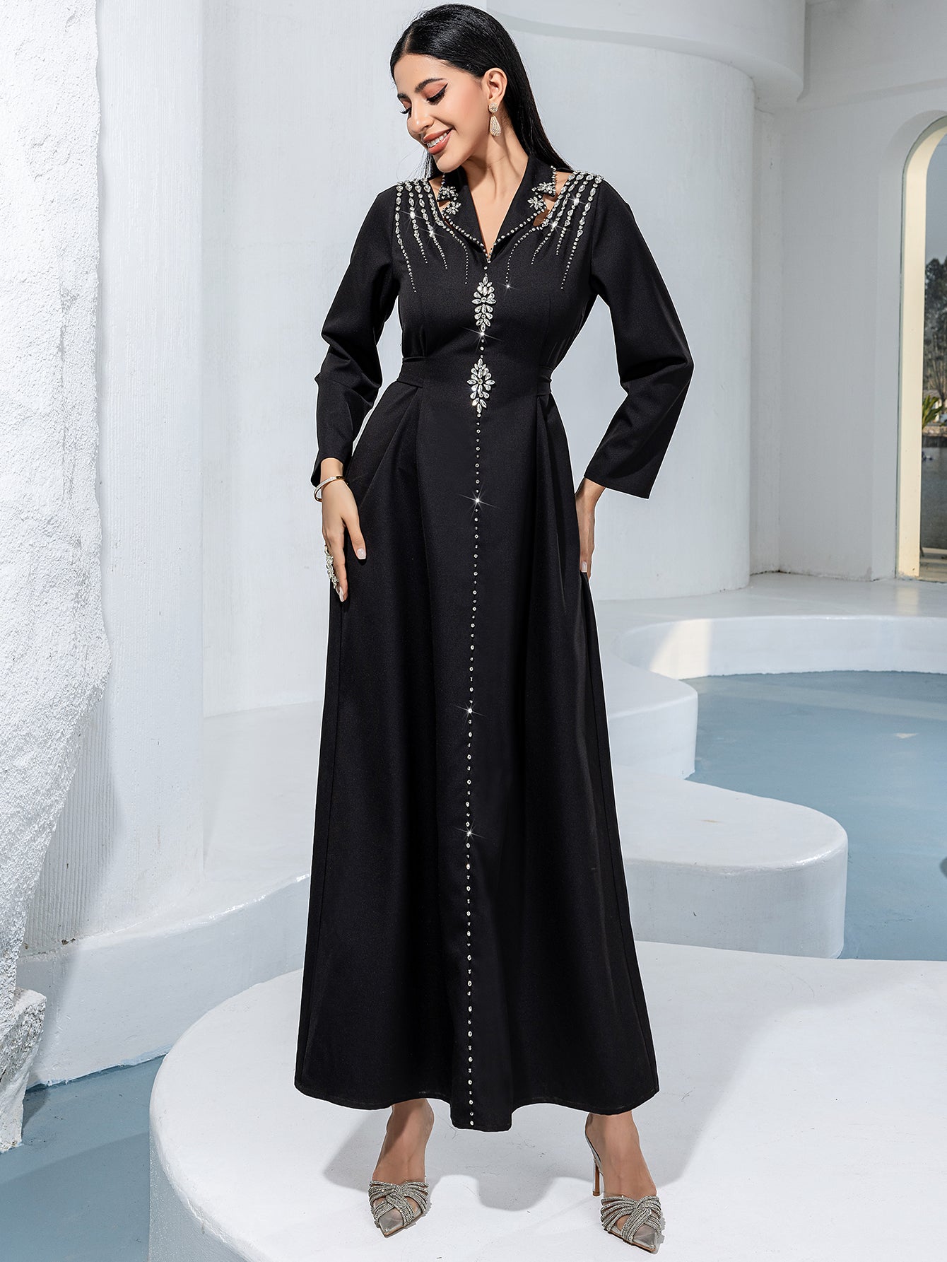 Black Silver-Beaded V-Neck Maxi Dress - front view of the beadwork down the centre