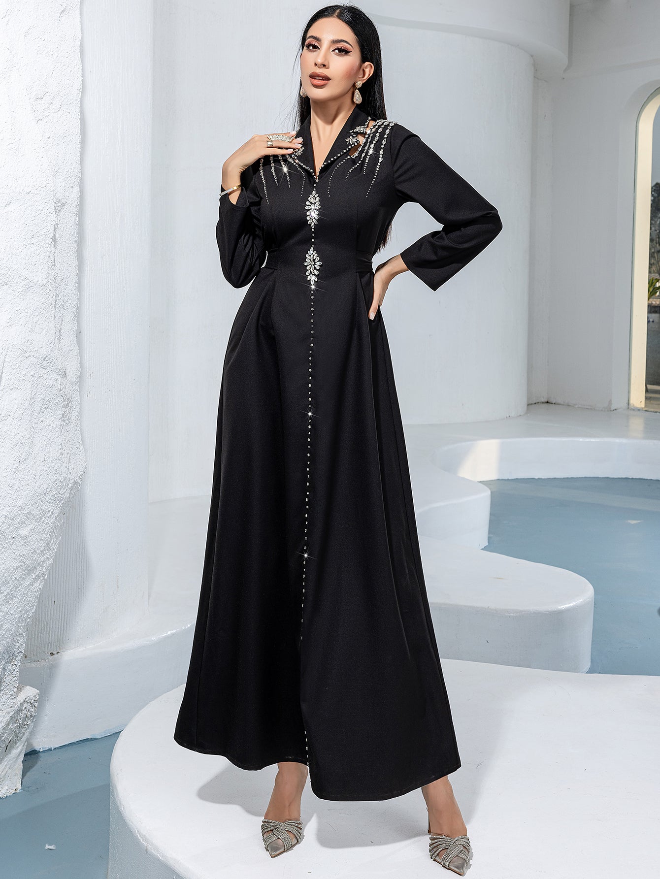 Black Silver-Beaded V-Neck Maxi Dress - full-length view showing the waist and flowing skirt