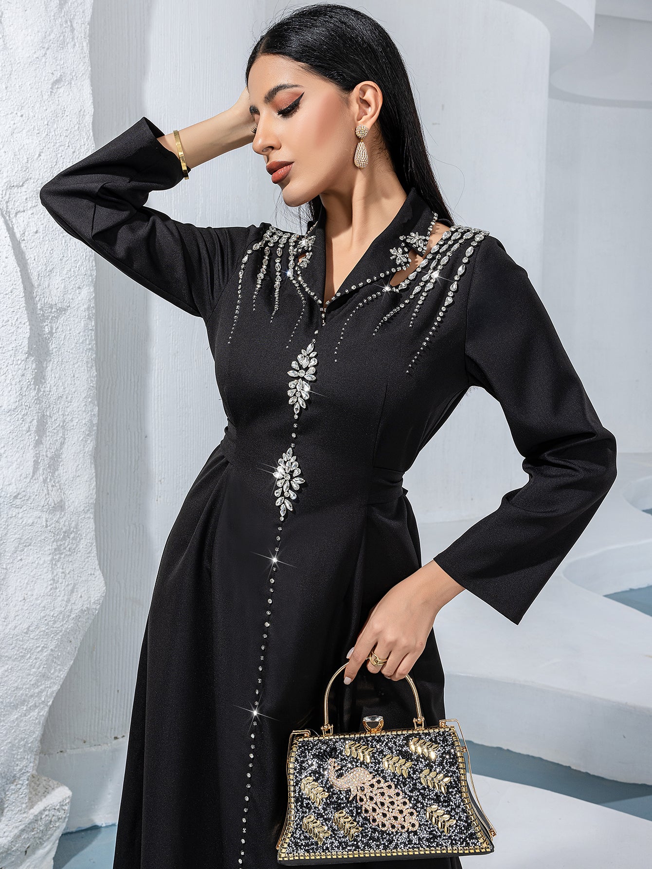 Black Silver-Beaded V-Neck Maxi Dress - side upper-body view of the neckline and long sleeve