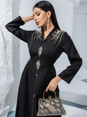 Black Silver-Beaded V-Neck Maxi Dress - side upper-body view of the neckline and long sleeve