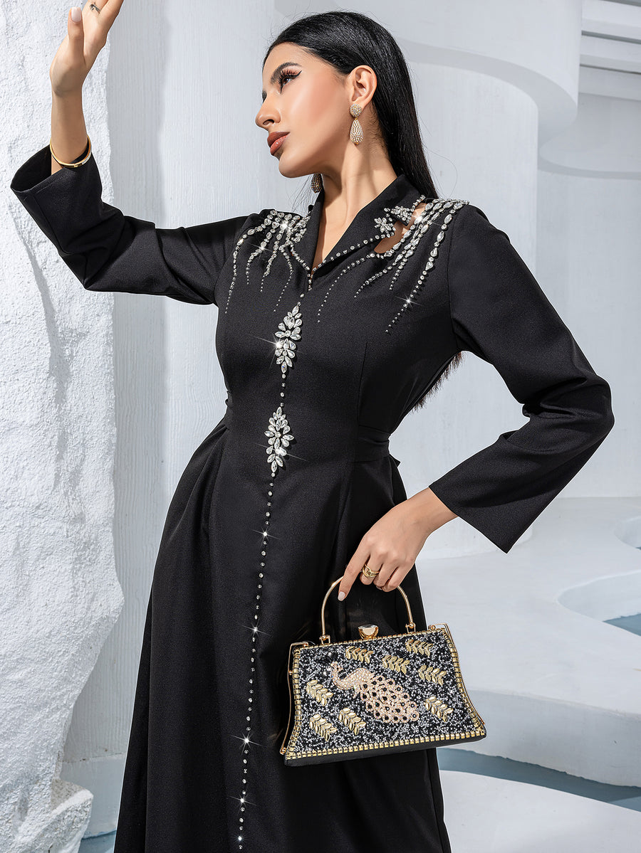 Black Silver-Beaded V-Neck Maxi Dress - three-quarter view showing the waist and silver-coloured detail