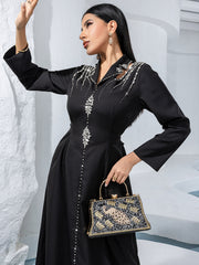 Black Silver-Beaded V-Neck Maxi Dress - three-quarter view showing the waist and silver-coloured detail