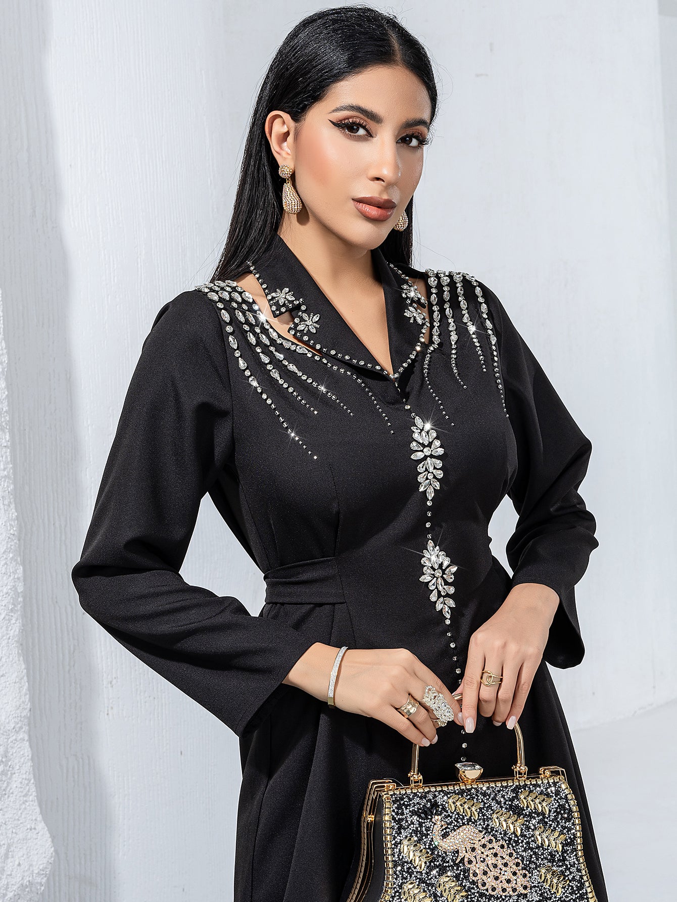 Black Silver-Beaded V-Neck Maxi Dress - front close-up of the V-neckline and beadwork