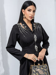 Black Silver-Beaded V-Neck Maxi Dress - front close-up of the V-neckline and beadwork